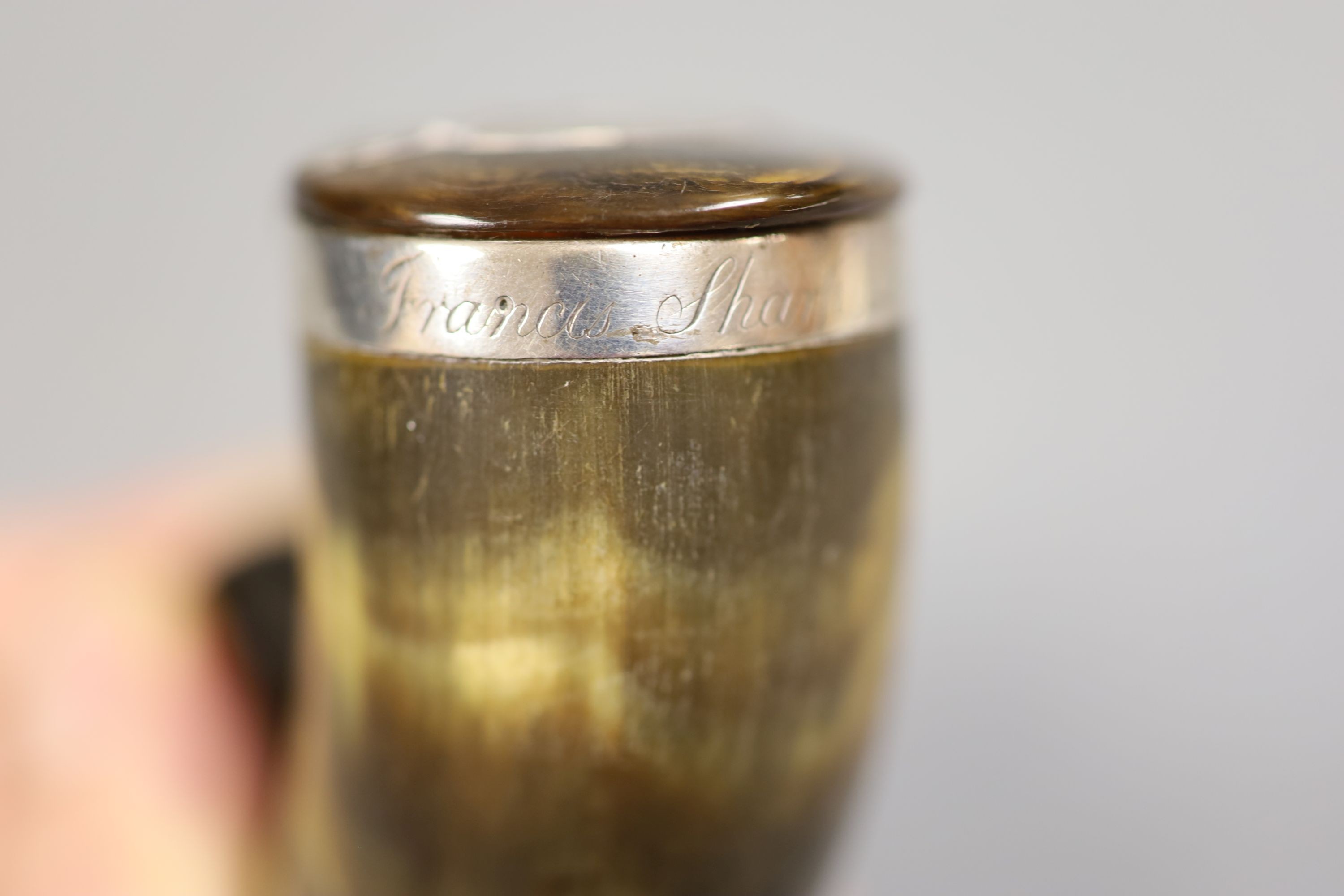 A 19th century Scottish white metal mounted horn snuff mull, inscribed 'Francis Sharp, Limekilns', 75mm.